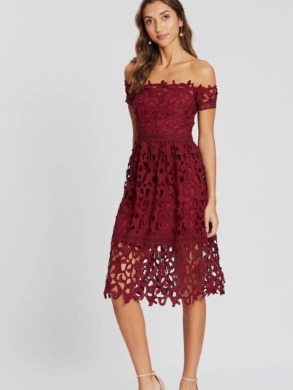 Chi Chi London Burgundy Lace Floral Midi Dress Off Shoulder Design Womens Size 6 - Picture 4 of 11